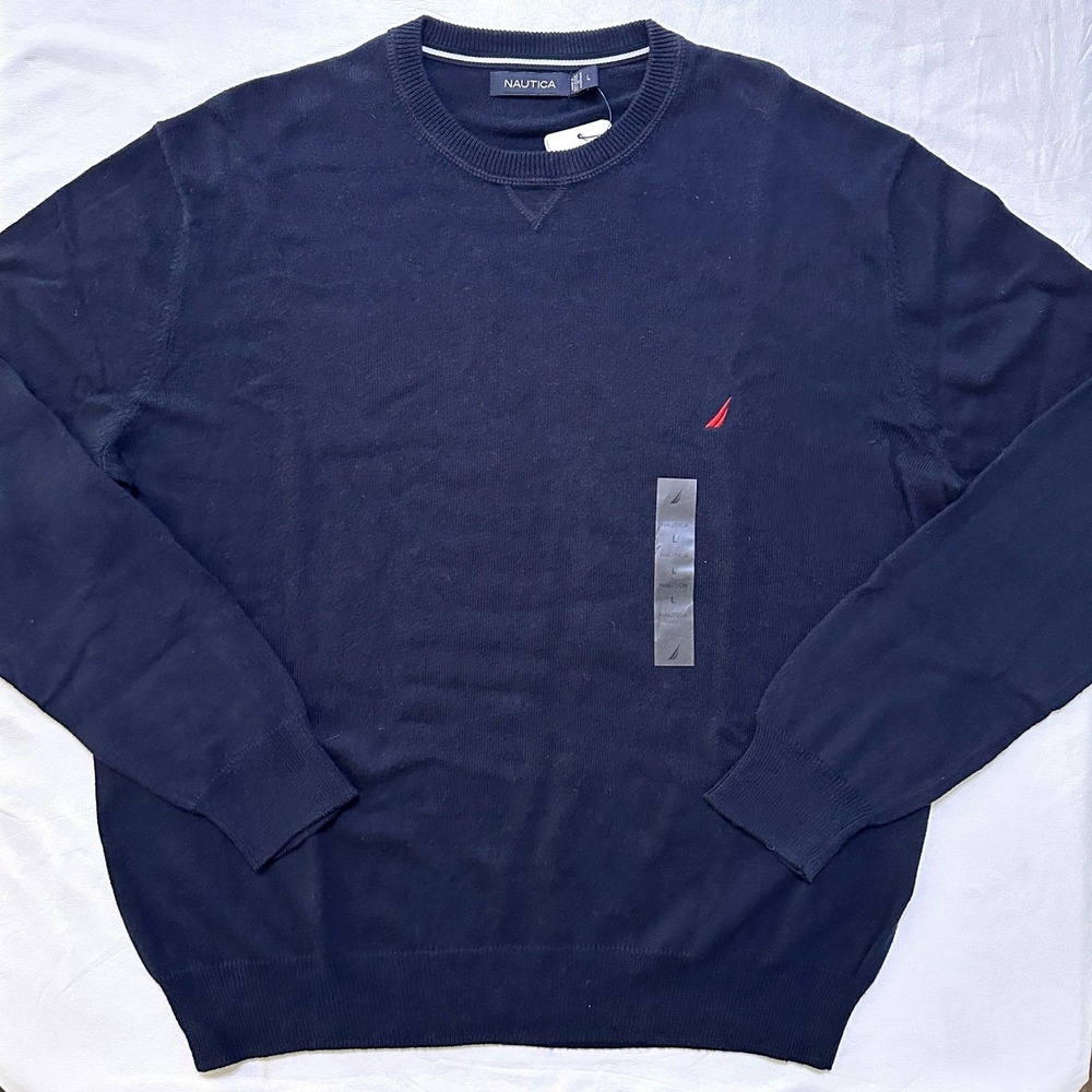 Nautica Crewneck Sweater Mens L Navy Blue Cotton Cashmere Old Money Preppy